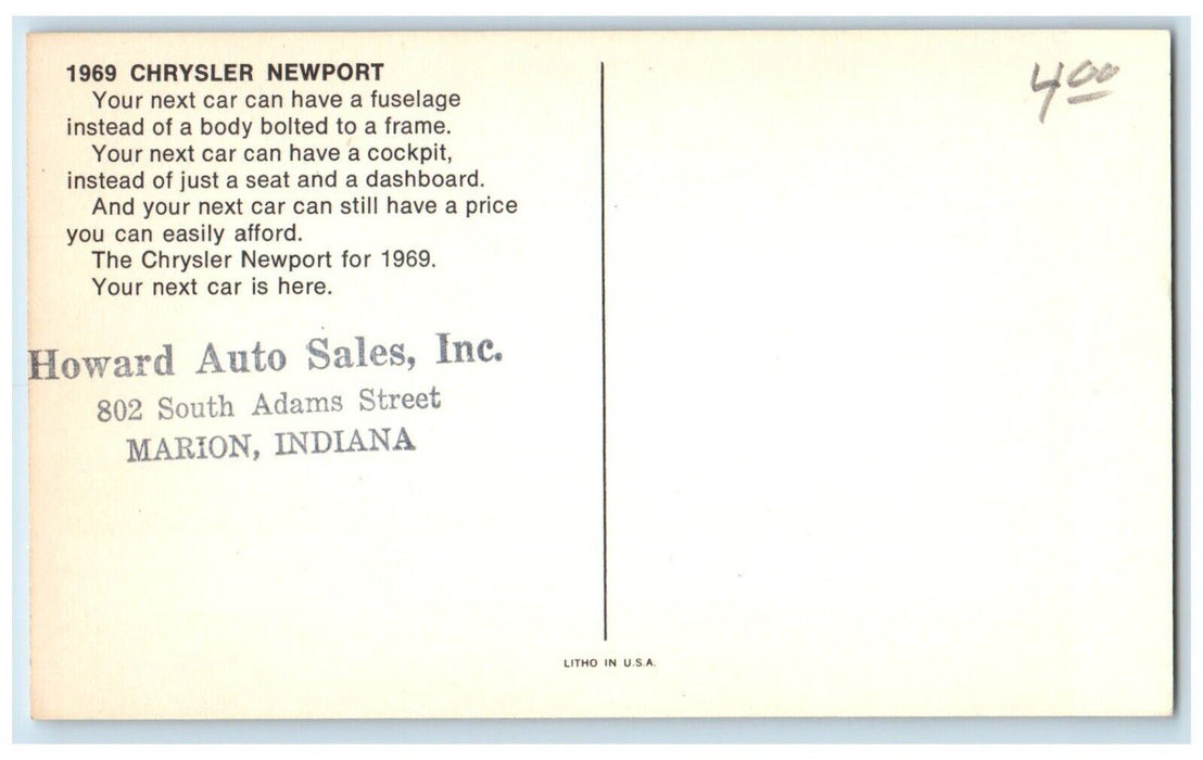 c1960 1969 Chrysler Newport 2-Door Hardtop Howard Auto Sales Dealership Postcard