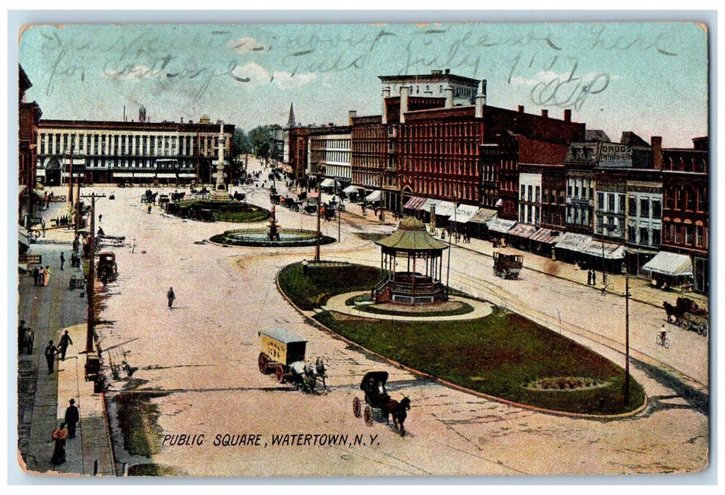 1906 Public Square Horse Carriage Exterior Building Watertown New York Postcard