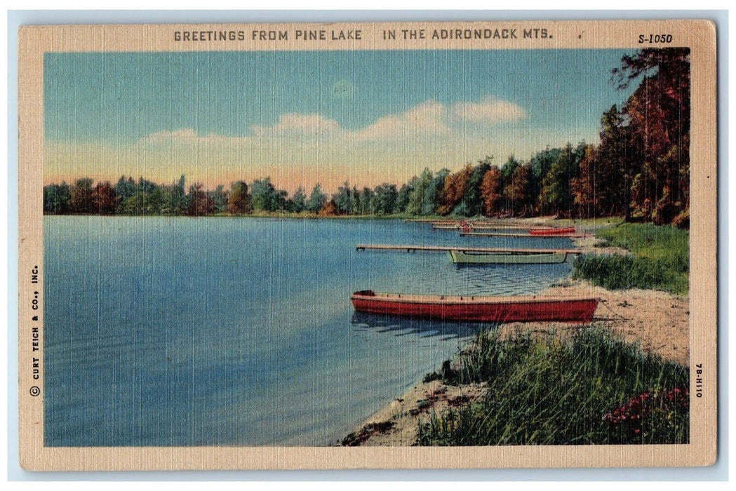 1949 Greetings From Pine Lake Canoe Boat Adirondack Mountains New York Postcard