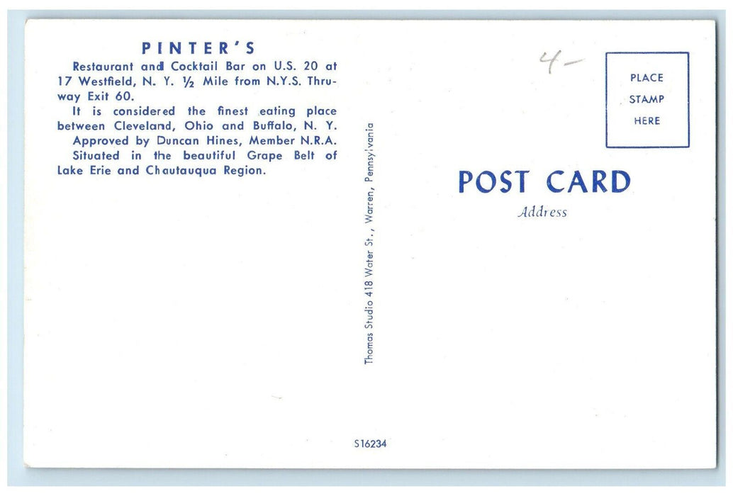 c1960 Pinter's Restaurant Cocktail Bar Road Buffalo Westfield New York Postcard