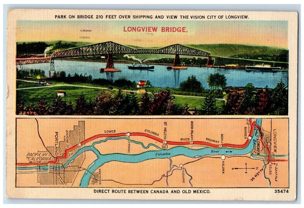 1941 Longview Bridge Direct Route Between Canada Old Mexico Multi-View Postcard