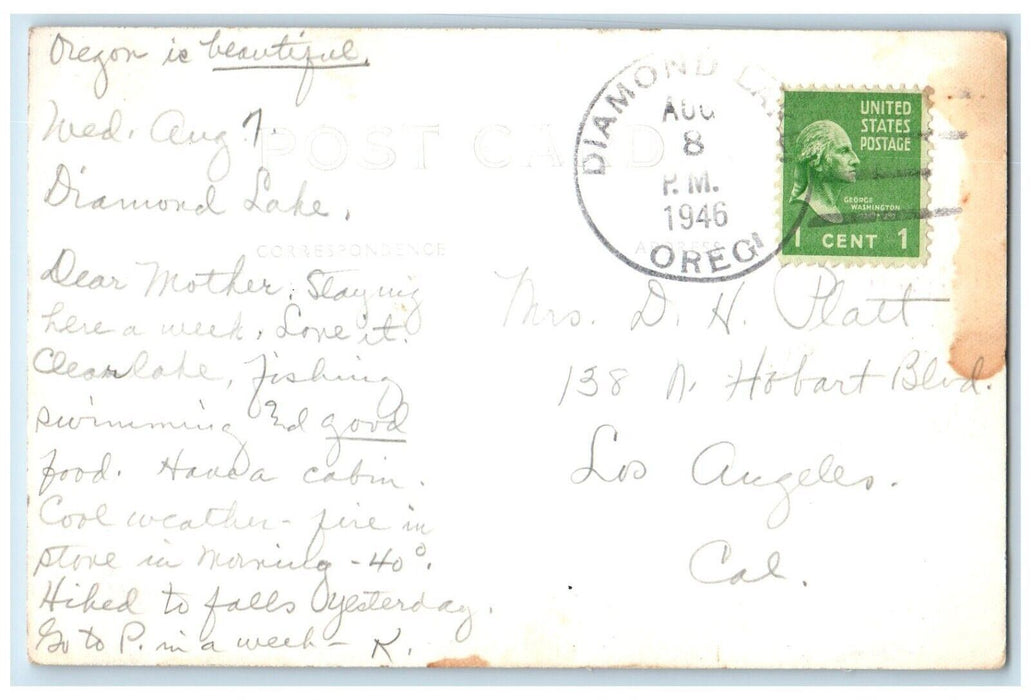 1946 Lemola Falls Near Diamond Lake Oregon OR Eastman Posted RPPC Photo Postcard