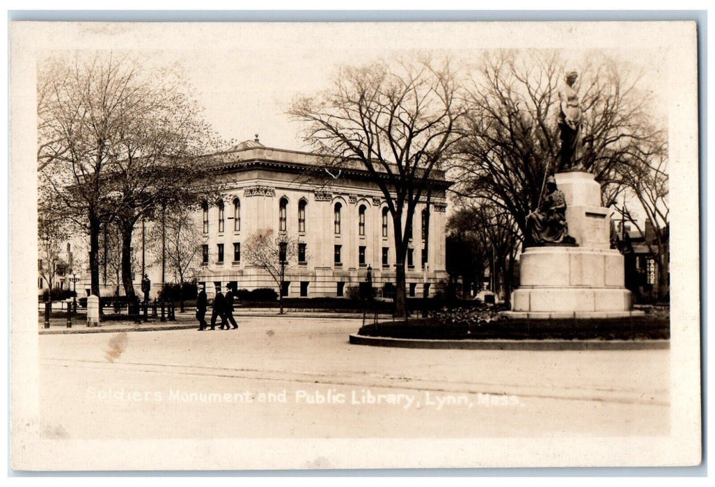 c1910's Soldiers Monument And Public Library Lynn MA Antique RPPC Photo Postcard