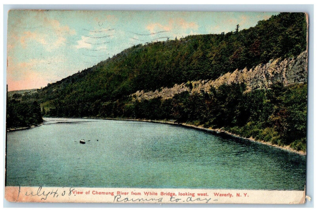 1908 View Chemung River White Bridge West Fishing Boat Waverly New York Postcard
