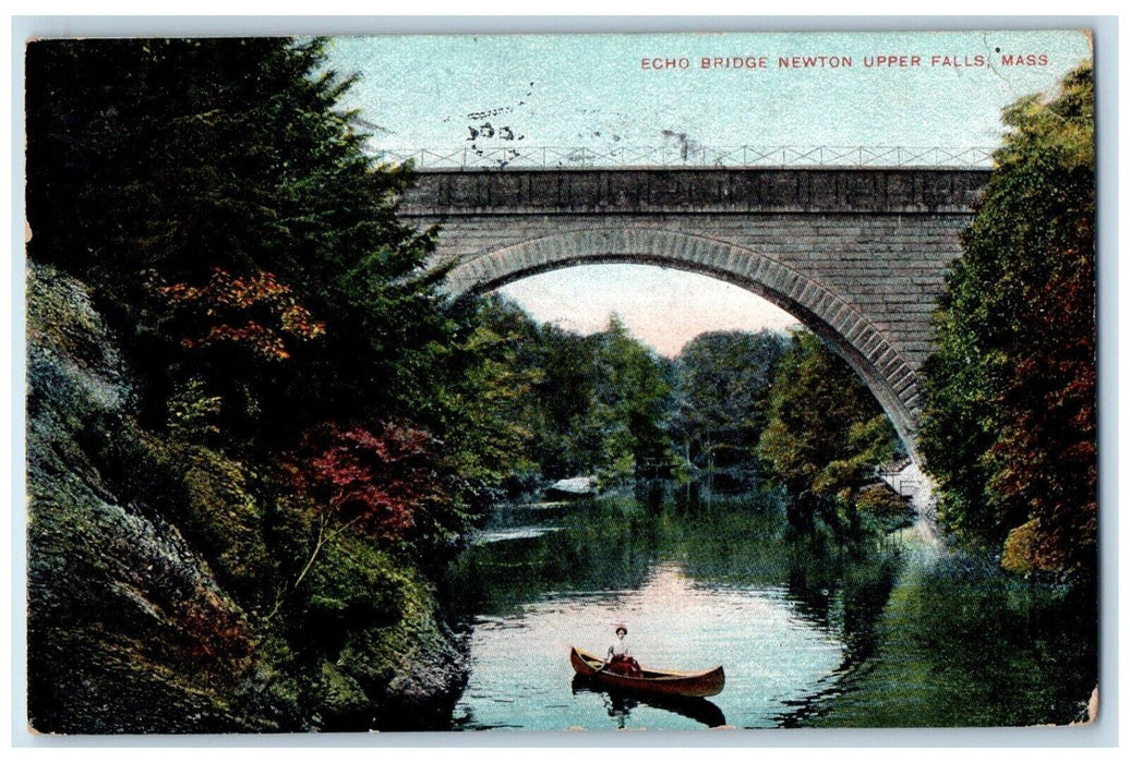 1907 Canoeing Echo Bridge Newton Upper Falls Massachusetts MA Antique Postcard