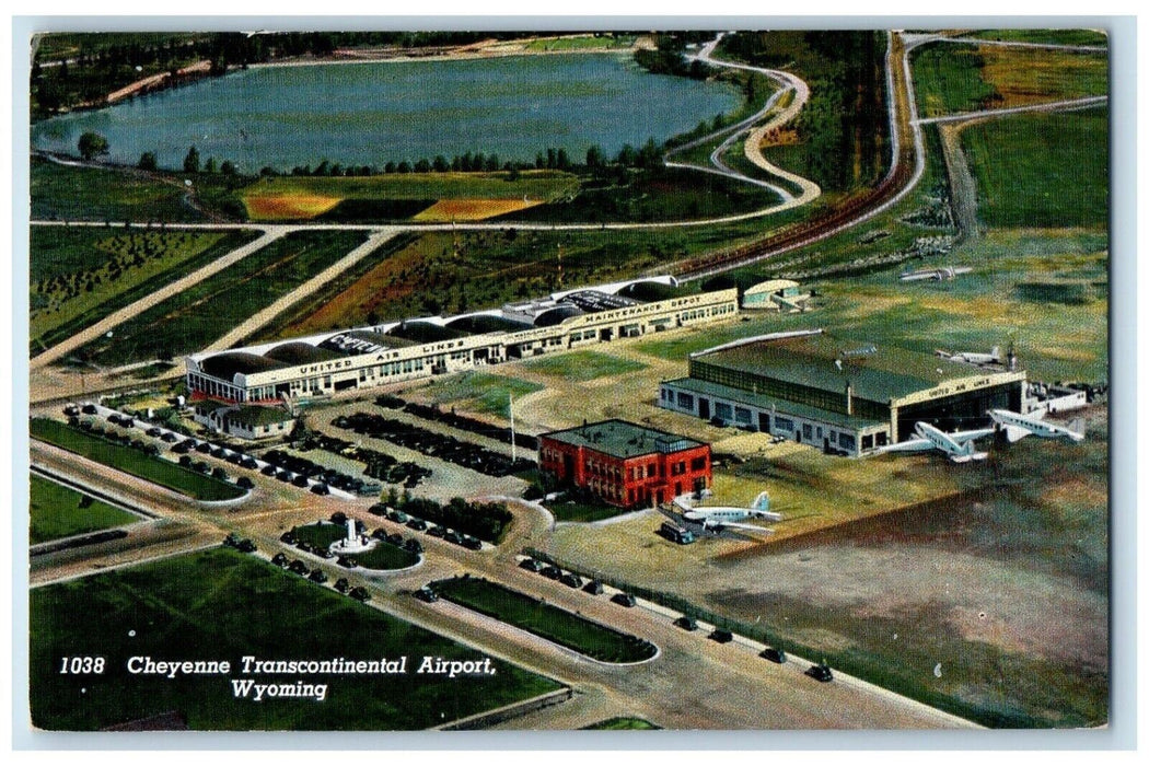 c1940 Bird's Eye View Cheyenne Transcontinental Airport Wyoming Antique Postcard