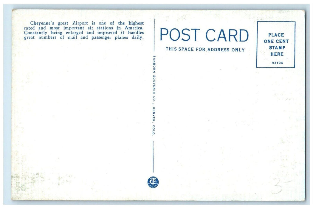 c1940 Bird's Eye View Cheyenne Transcontinental Airport Wyoming Antique Postcard