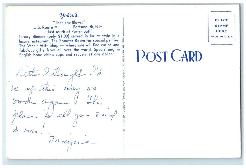 1950 Yoken's Thar She Blows Hotel Restaurant Portsmouth New Hampshire Postcard