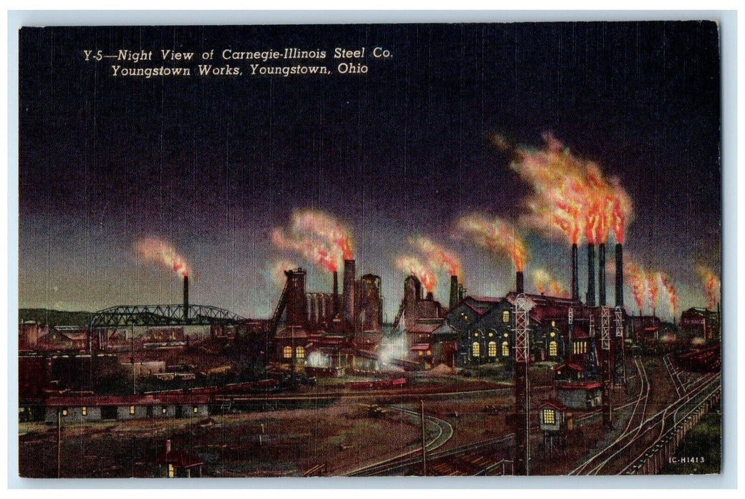 c1940 Aerial Night View Carnegie Illinois Steel Co Youngstown Work Ohio Postcard