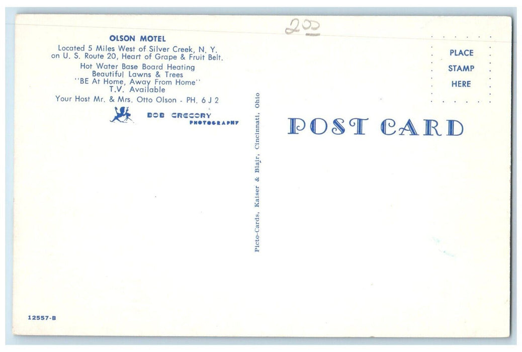 1960 Olson Motel Miles West Hotel Exterior Field Silver Creek New York Postcard