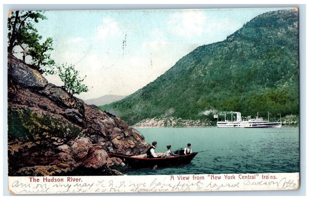 1907 Hudson River New York Fishing Boat Steamer Central Trains New York Postcard