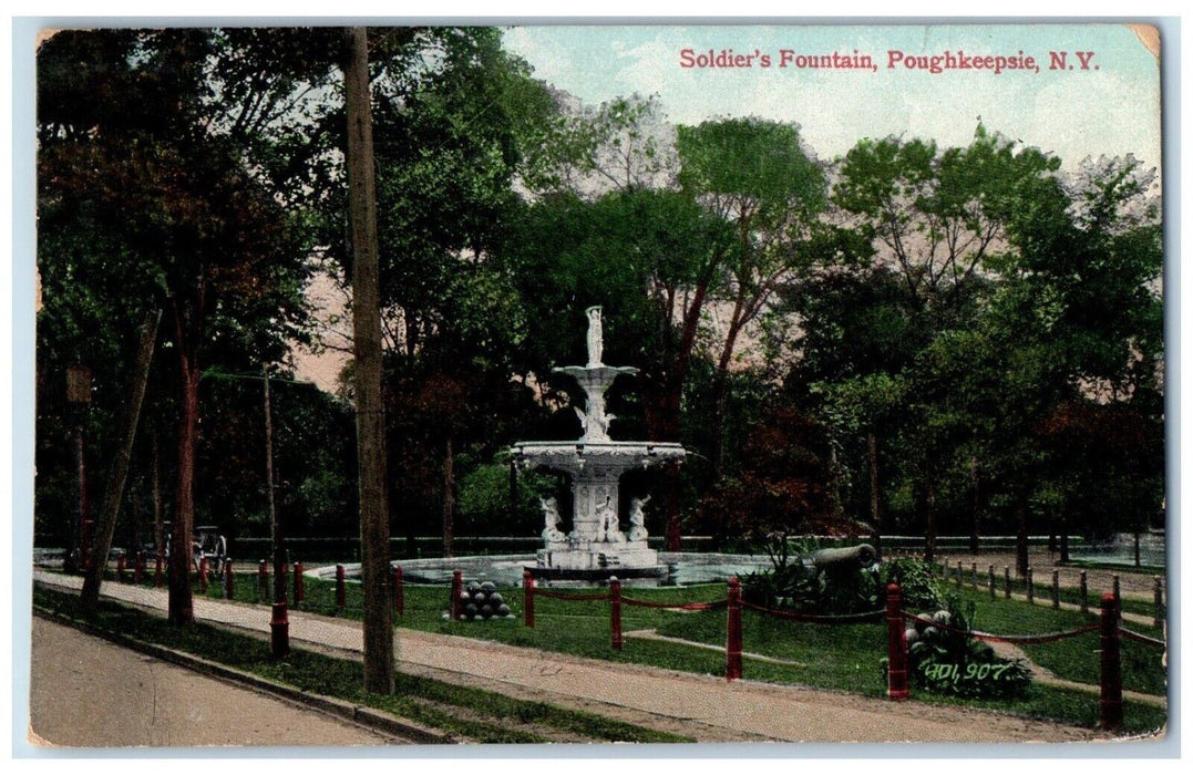 1909 Soldier's Fountain Statue Sculpture Exterior Poughkeepsie New York Postcard