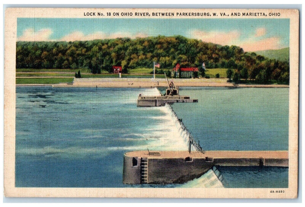 c1940 Lock 18 Ohio River Between Parkersburg W VA Marietta Ohio Vintage Postcard