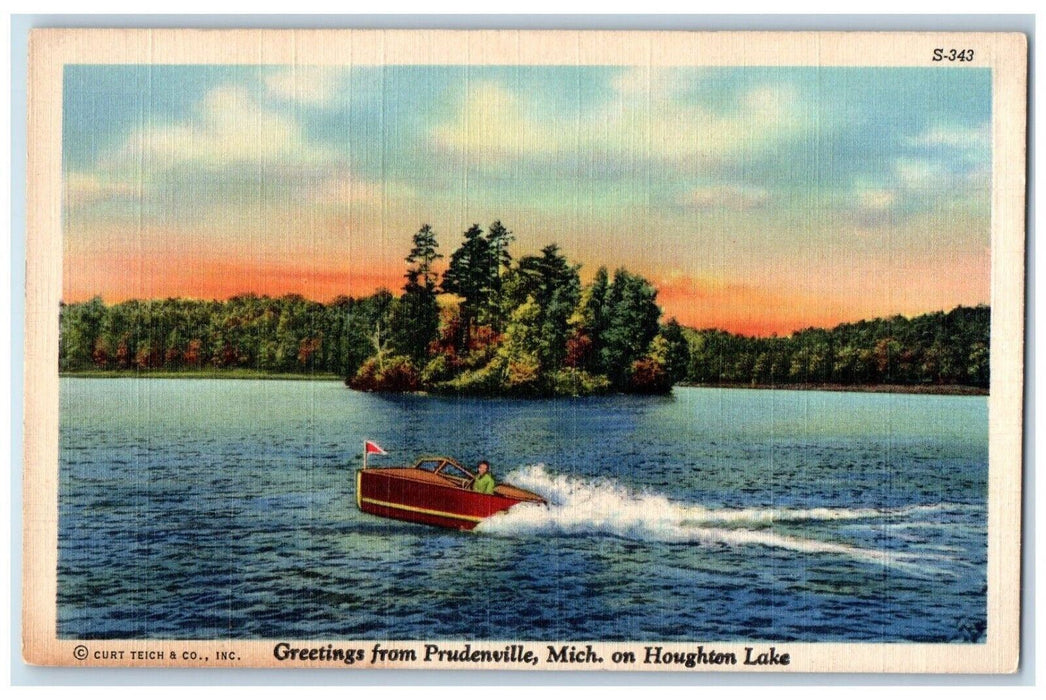 1940 Greetings From Prudenville Michigan Houghton Lake Banner Speedboat Postcard