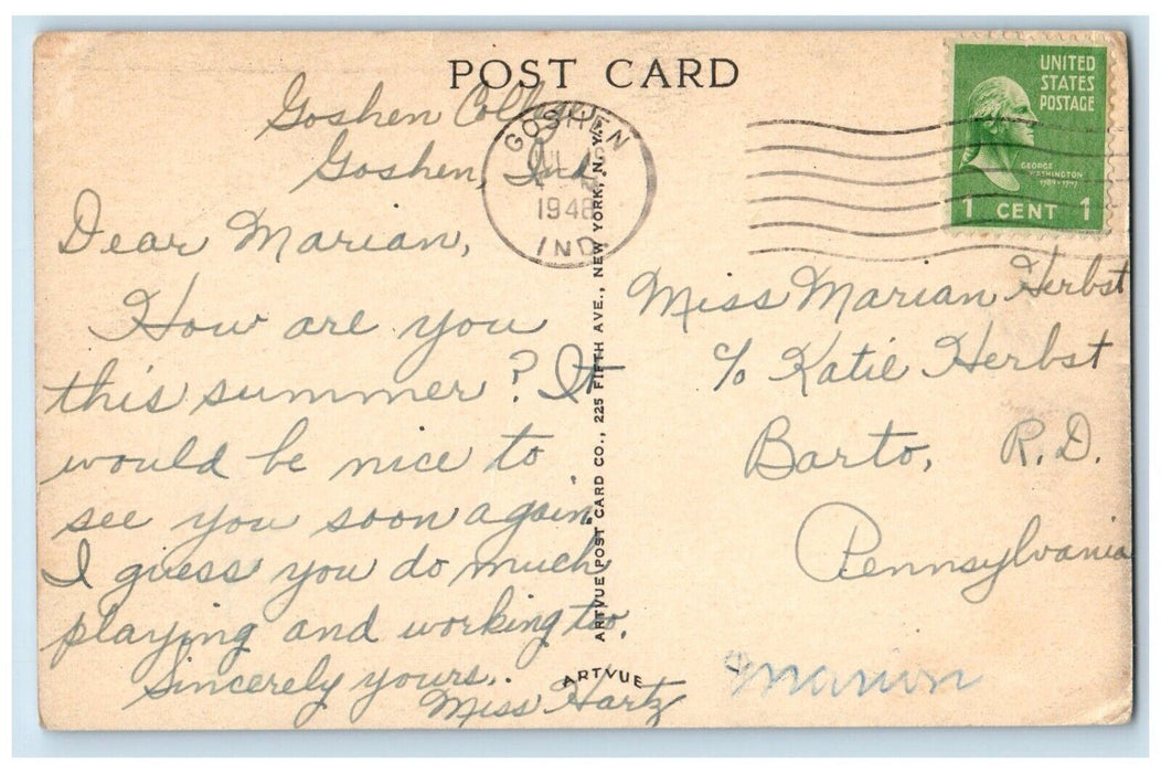 1948 Adelphian Fountain Front Walk Goshen College Field Goshen Indiana Postcard