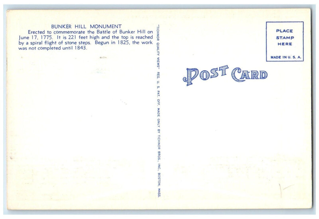 1959 Bunker Hill Monument Charlestown Massachusetts Boston MA Vintage Postcard