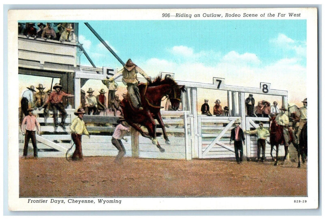 c1940 Riding Outlaw Rodeo Scene Far West Frontier Days Cheyenne Wyoming Postcard