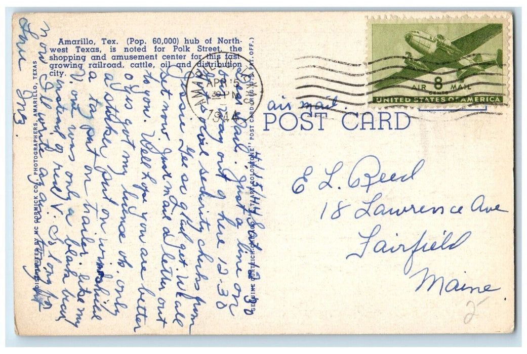1944 Polk Street Amarillo Texas Looking North From Ninth Night Scene TX Postcard