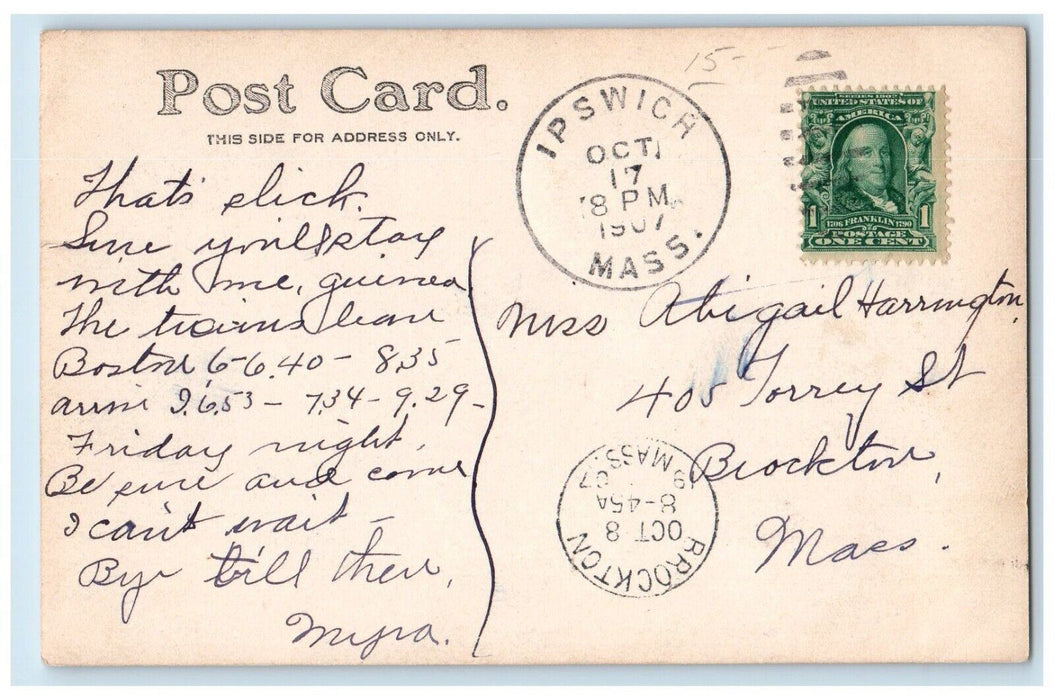 1907 Birds Eye View Of Ipswich Massachusetts MA, Souvenir RPPC Photo Postcard
