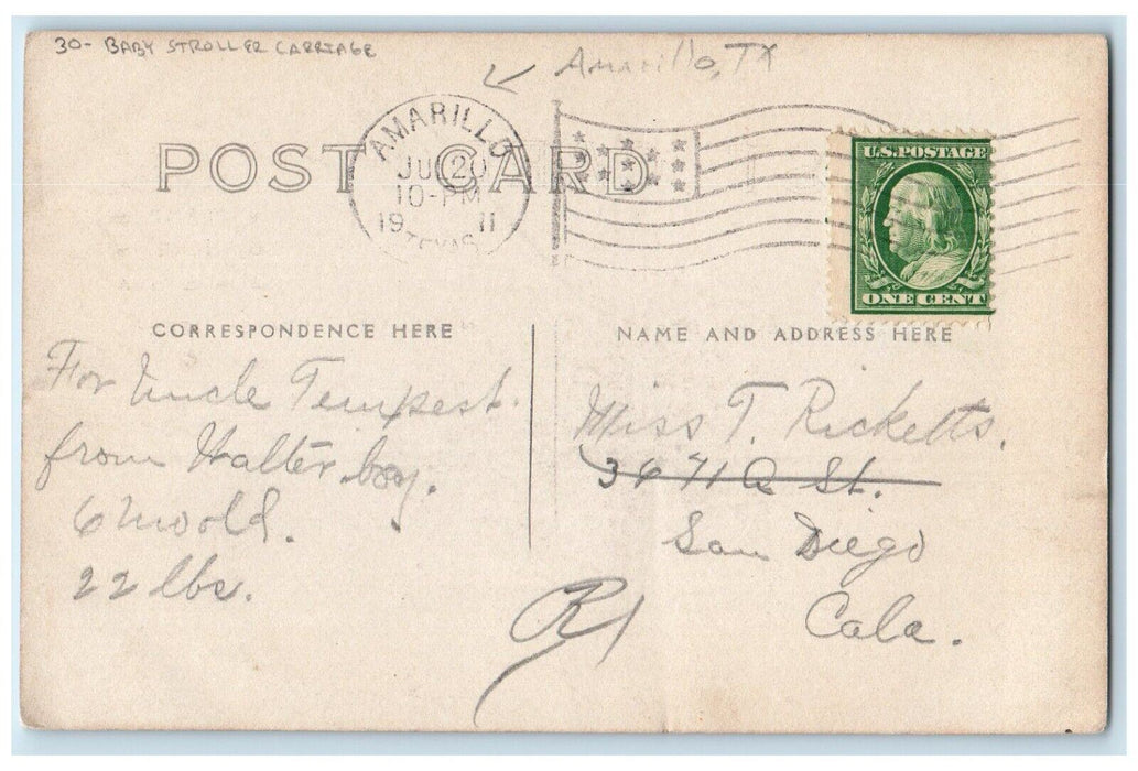 1911 Baby Stroller Carriage Amarillo Texas TX Posted Antique RPPC Photo Postcard