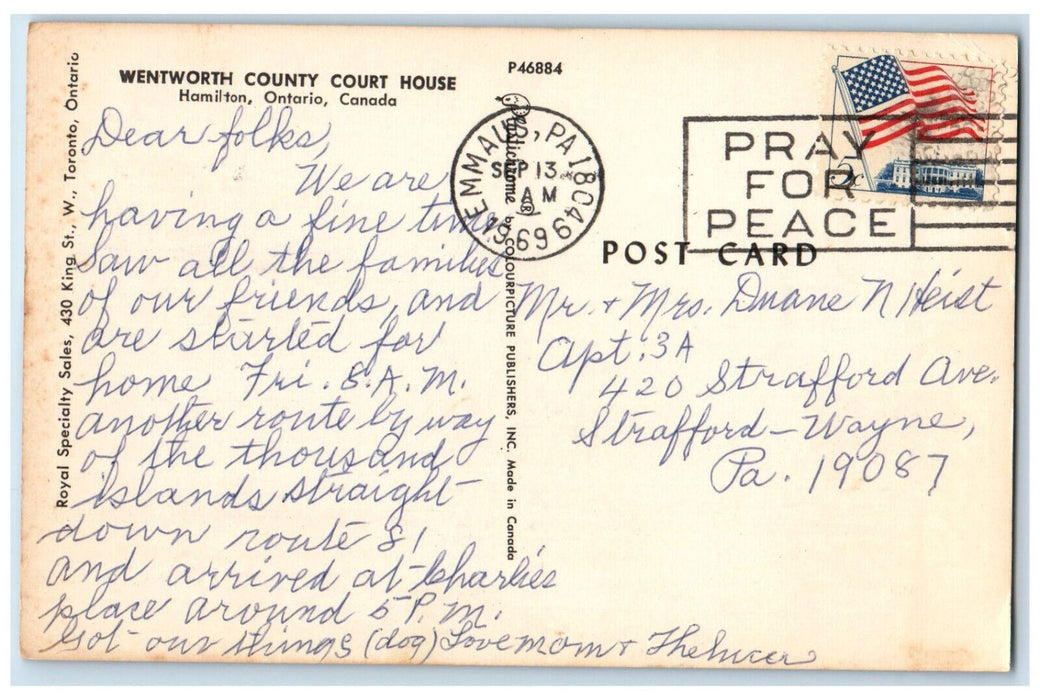 1969 Wentworth County Court House Hamilton Ontario Canada Posted Postcard