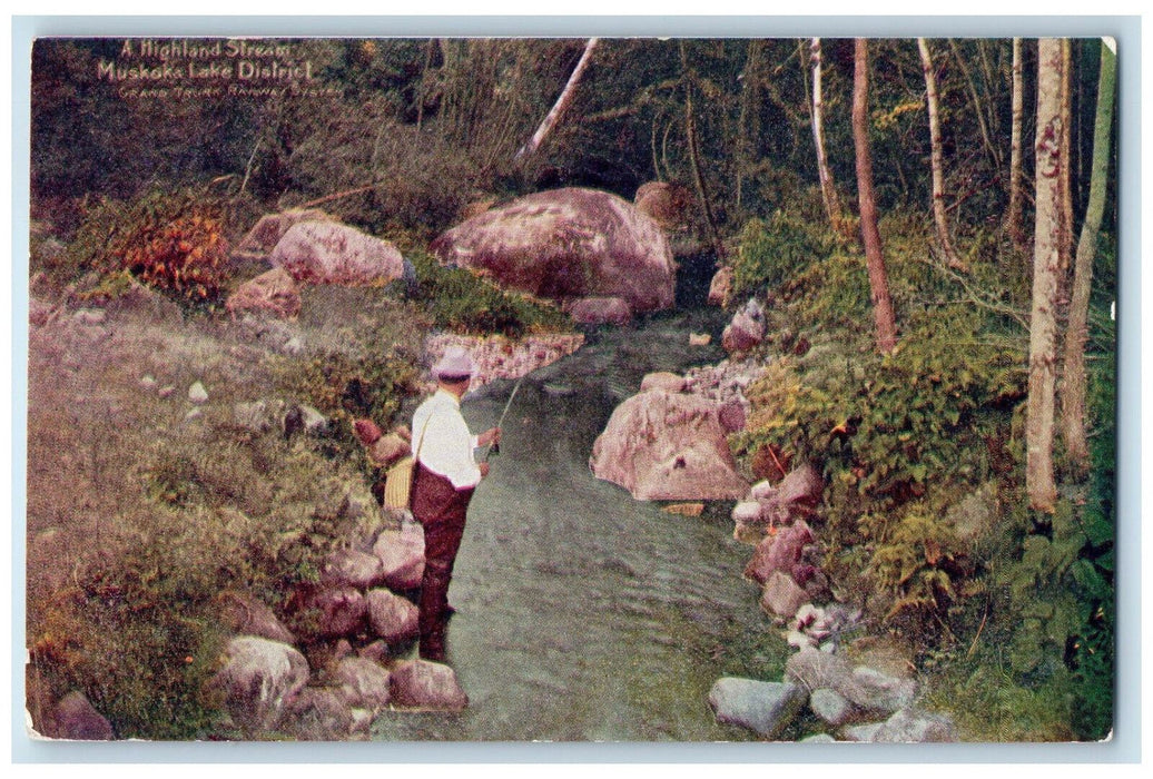 c1905 Fishing in Highland Stream Muskoka Lake District Ontario Canada Postcard