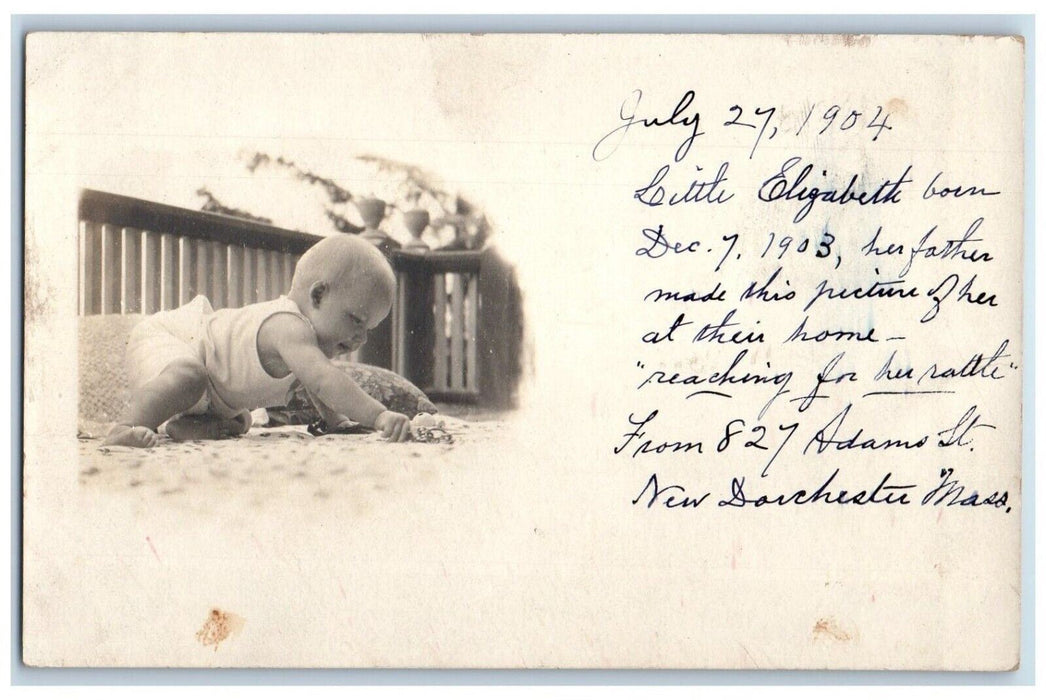 1904 Baby Toddler Playing New Dorchester Massachusetts MA RPPC Photo Postcard