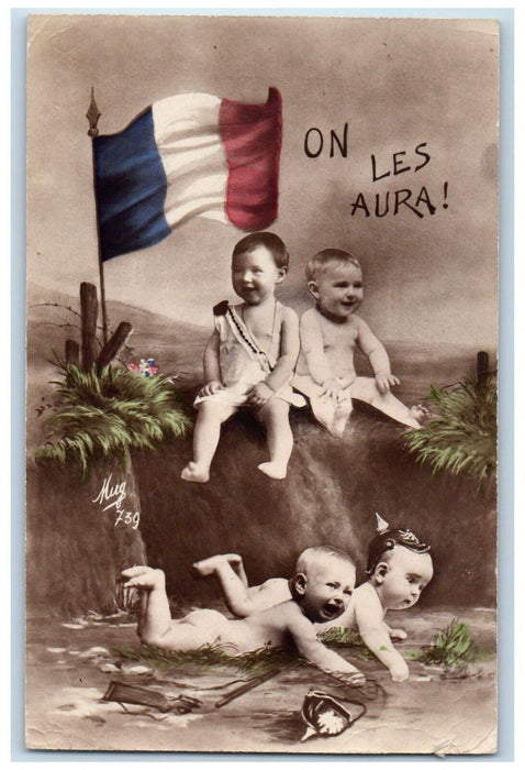 c1910's WWI French Patriotic Cute Babies Posted Antique RPPC Photo Postcard