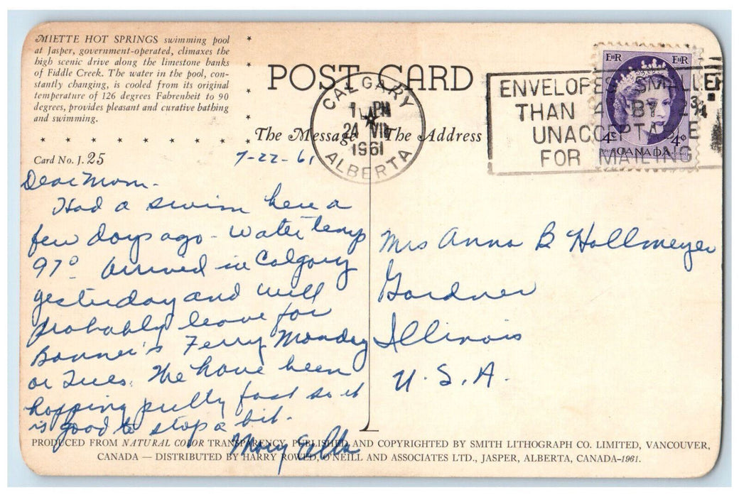 1961 Miette Hot Springs Swimming Pool View Jasper Alberta Canada Postcard