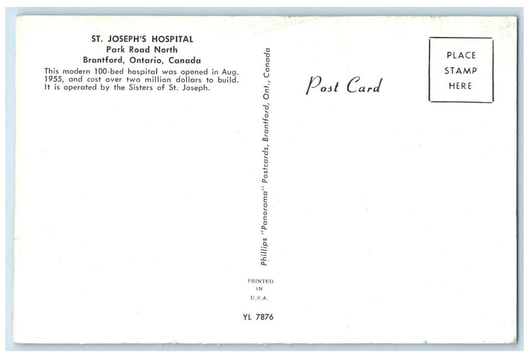 c1950's St. Joseph's Hospital Park Road North Brantford Ontario Canada Postcard