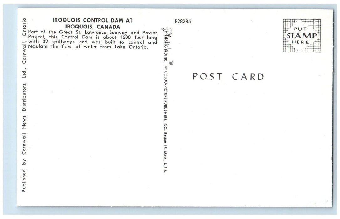 c1950's Iroquois Control Dam at Iroquois Canada Vintage Unposted Postcard