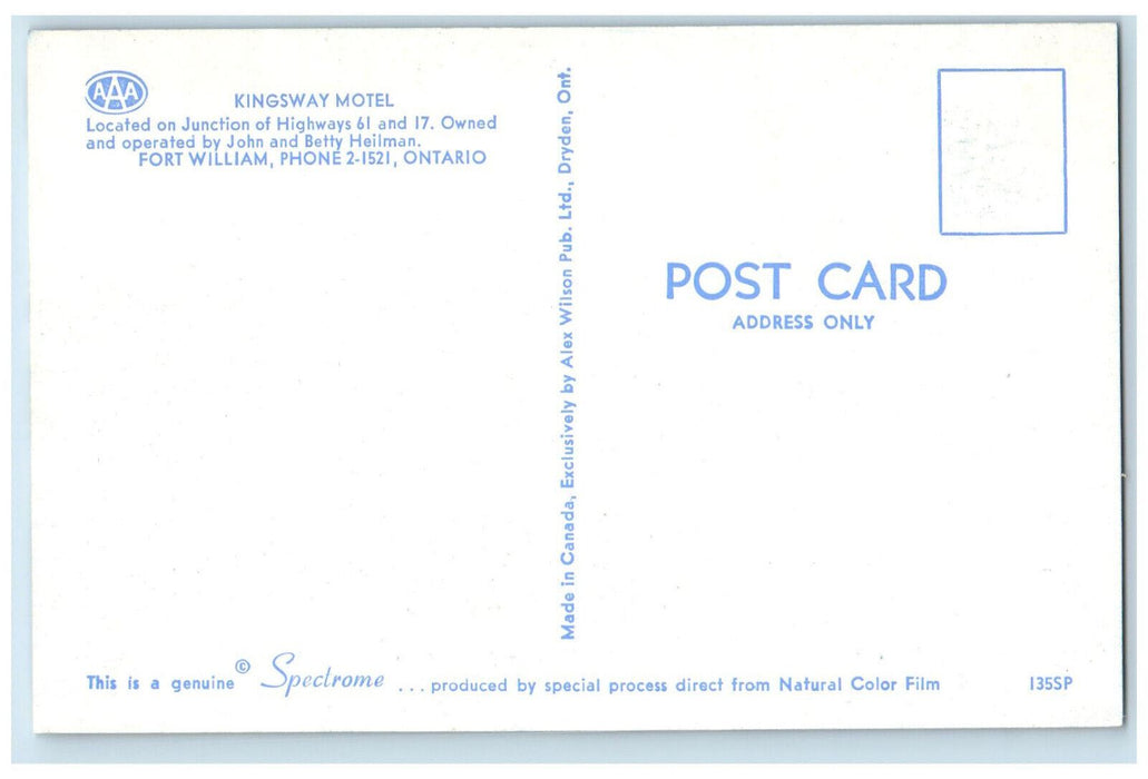 c1950's Kingsway Motel Fort Highway 61 17 Fort William Ontario Canada Postcard