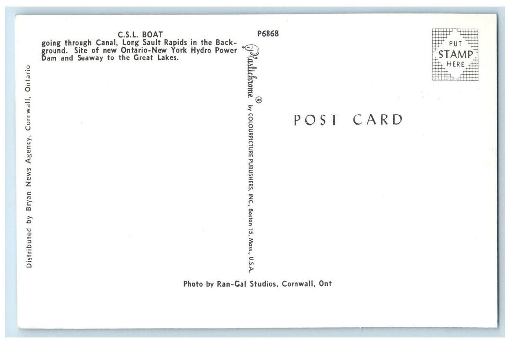 c1950's C.S.L. Boat Going Through Canal Seaway to Great Lakes Canada Postcard