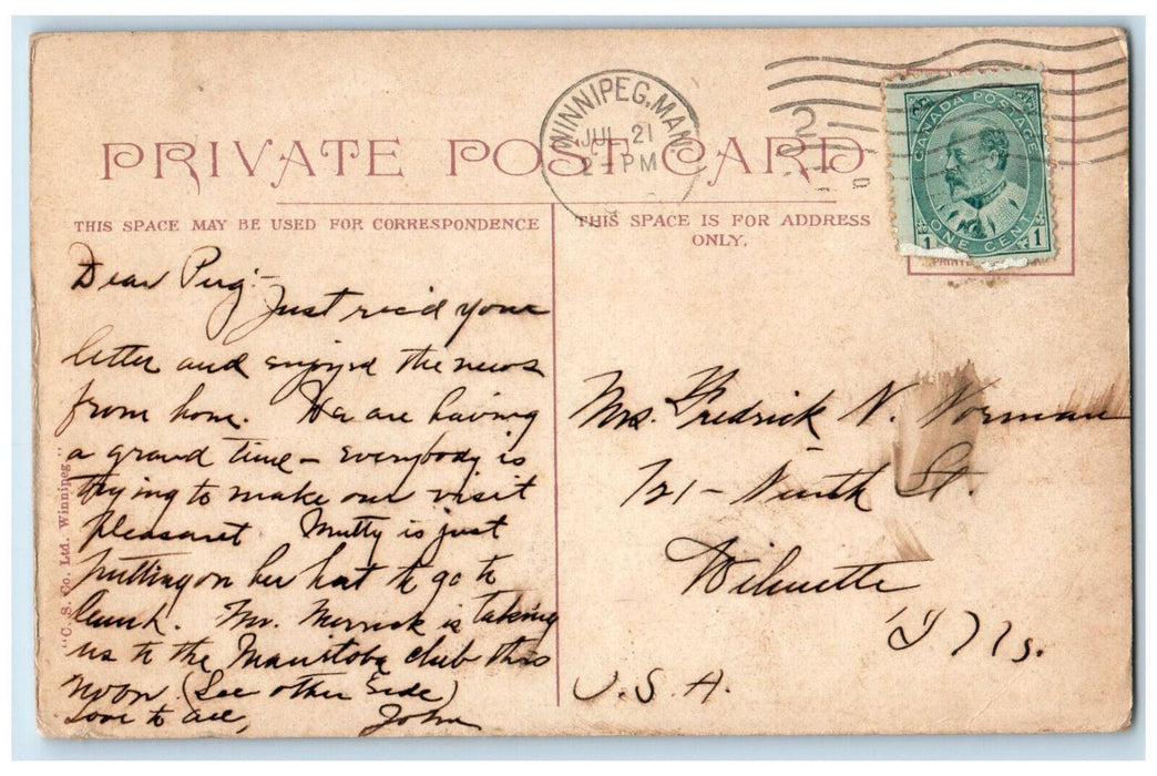 c1910 Manitoba Club Winnipeg Manitoba Canada Antique Unposted Postcard