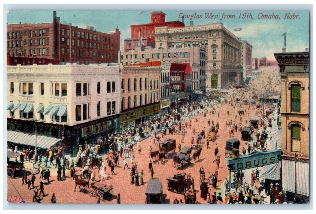 c1910 Douglas West From 15th Buildings Streetcar Omaha Nebraska Vintage Postcard