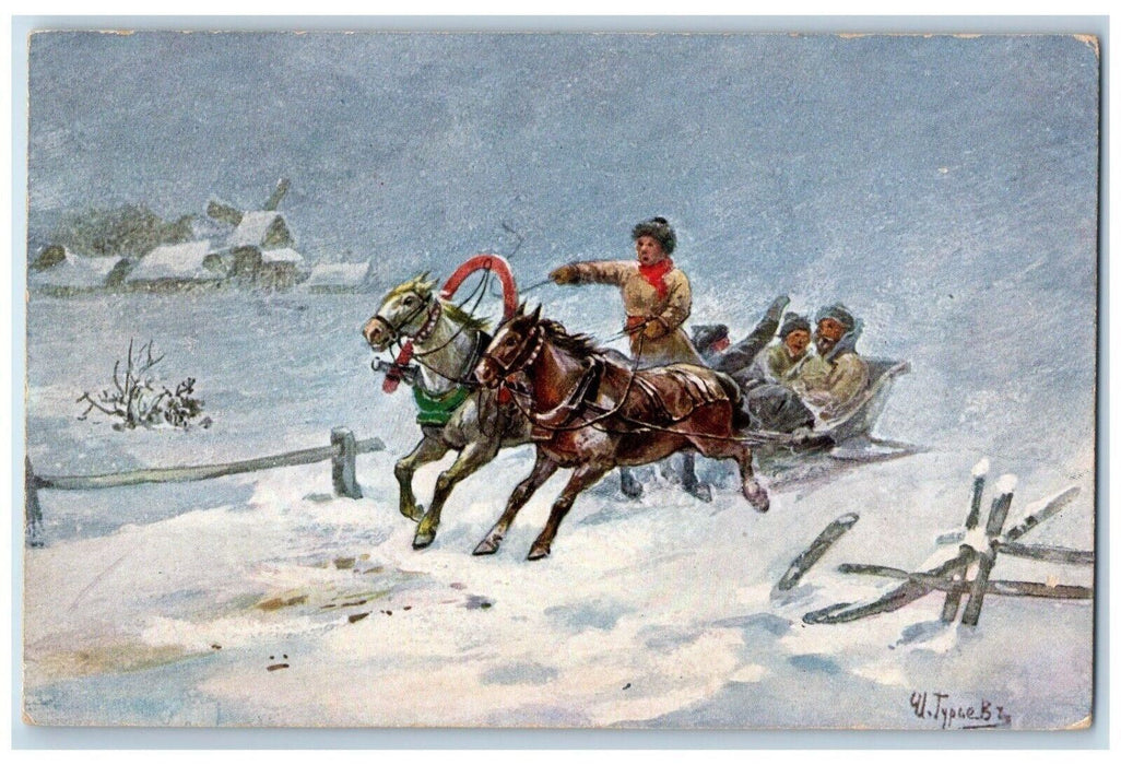 c1910's Guryev Russia Blizzard Sleigh Horseshoe Winter Unposted Antique Postcard