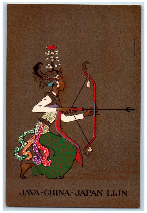 Java China Japan Lijn Steamer Advertising India Woman Bow & Arrow Postcard