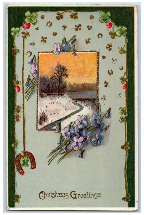 1911 Christmas Greetings Horsehoe Shamrock Flowers Gel Gold Gilt Posted Postcard