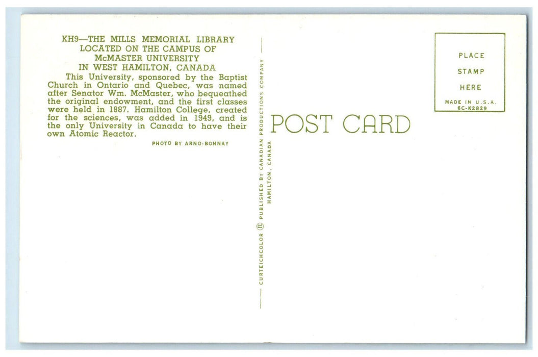 c1960's The Mills Memorial Library West Hamilton Ontario Canada Postcard