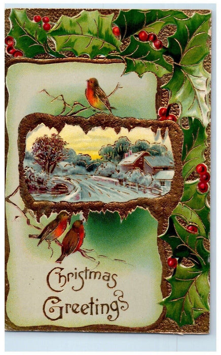 c1910's Christmas Greetings Song Bird Holly Berries Gel Gold Gilt Nash Postcard