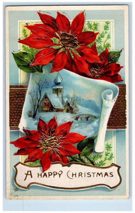 c1910's Christmas Poinsettia Flowers Embossed Gel Gold Gilt Antique Postcard