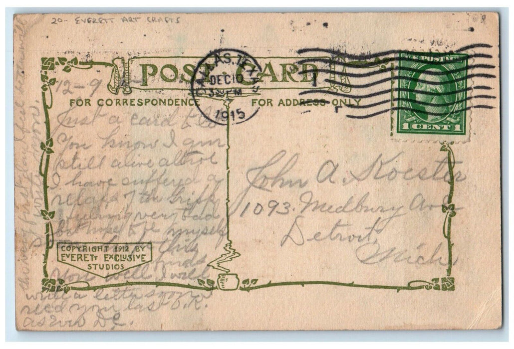 1915 Thank You Message Everette Arts Crafts Dallas Texas TX Antique Postcard