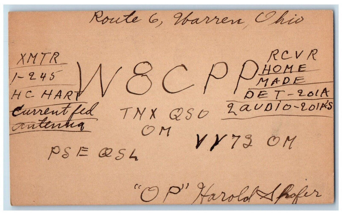 1932 Ham Radio QSL Route 6 Warren Ohio OH Monroe Michigan MI Postal Card