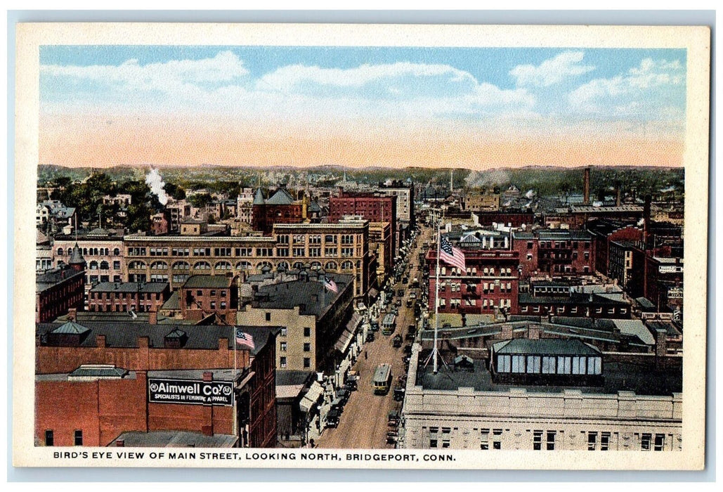 c1920's Bird's Eye View Main Street Classic Cars Railway Bridgeport CT Postcard
