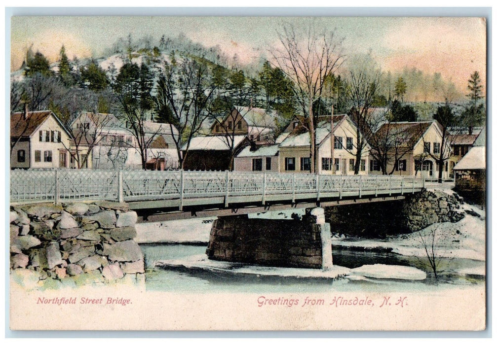 c1905's Greetings From Hinsdale Northfield Street Bridge NH Unposted Postcard