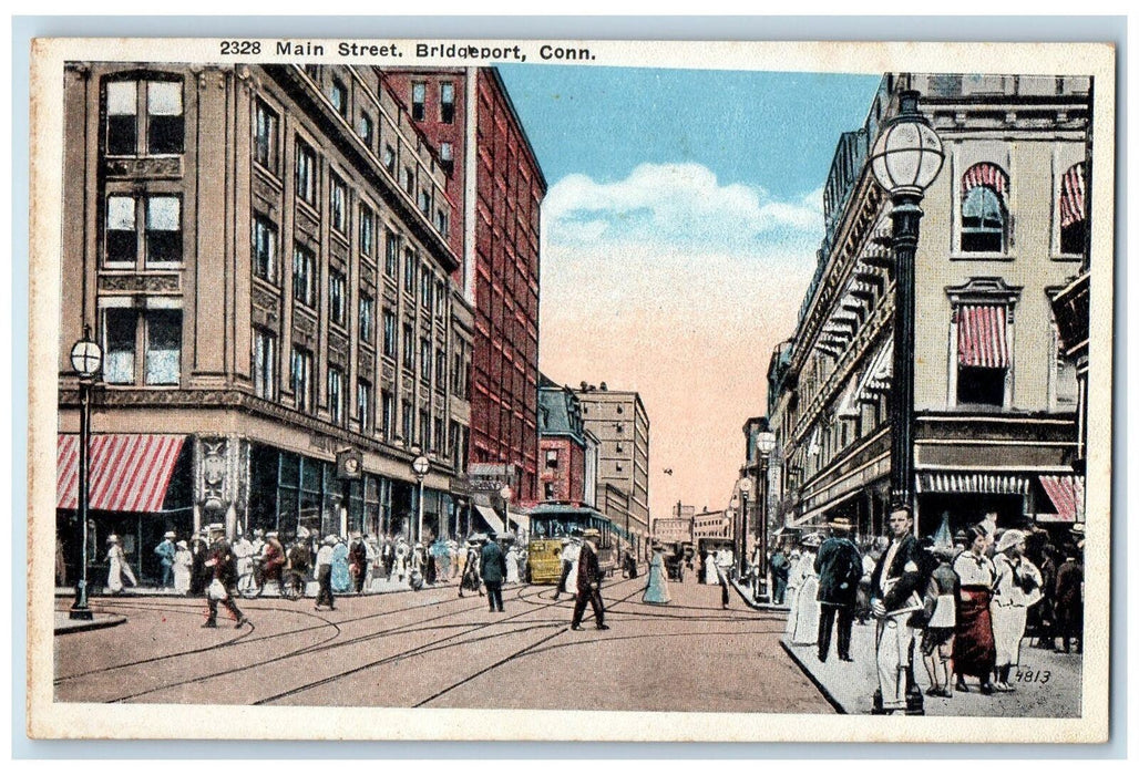 c1920 Main Street Railway Tramway Establishments People Bridgeport CT Postcard