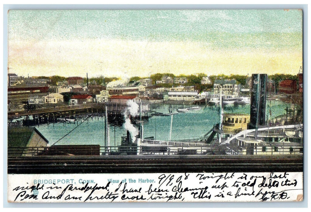 1908 View of The Harbor Passenger Ferry Sail Boats Dock Bridgeport CT Postcard