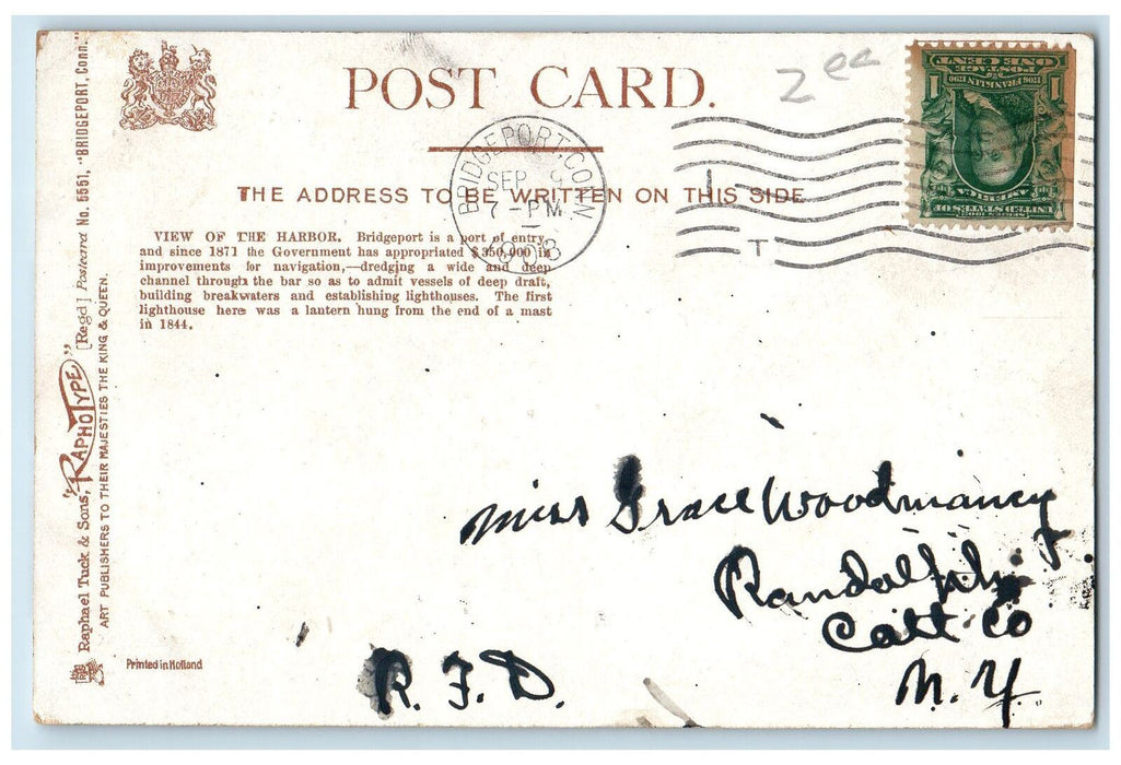 1908 View of The Harbor Passenger Ferry Sail Boats Dock Bridgeport CT Postcard