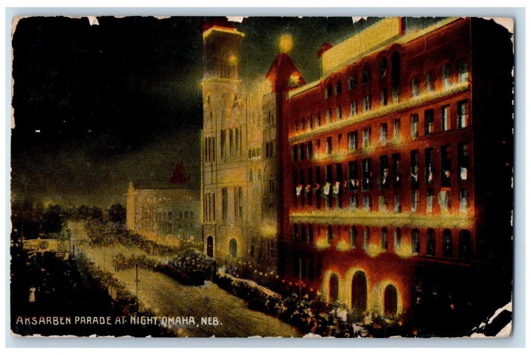 c1910 Aksarben Parade Night Building Omaha Nebraska NE Antique Vintage Postcard