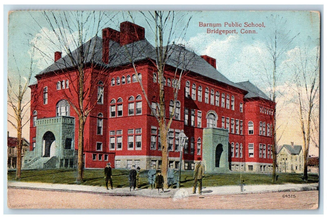 1914 Barnum Public School Campus Building View Students Bridgeport CT Postcard